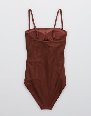 Aerie Ribbed Shine Wrap Strapless One Piece Swimsuit