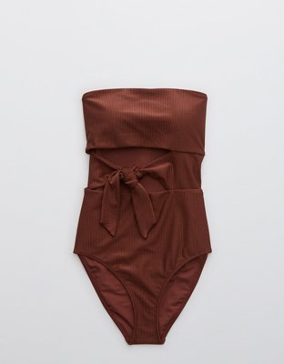 Aerie Ribbed Shine Wrap Strapless One Piece Swimsuit