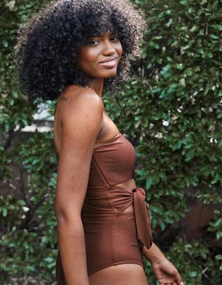 Aerie Ribbed Shine Wrap Strapless One Piece Swimsuit