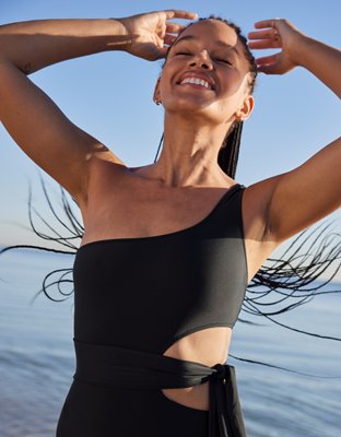 Aerie Cut Out Tie Asymmetrical One Piece Swimsuit