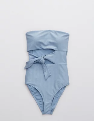 Aerie Ribbed Shine Wrap Strapless One Piece Swimsuit