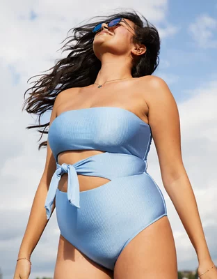 Aerie Ribbed Shine Wrap Strapless One Piece Swimsuit