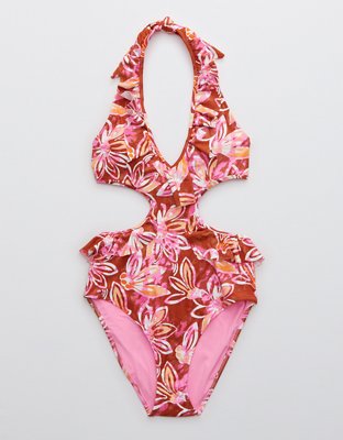 Aerie Traje de baño one piece Halter calado con volantes