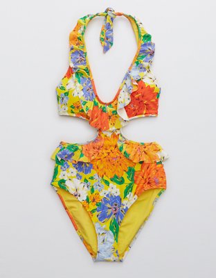 Aerie Traje de baño one piece Halter calado con volantes