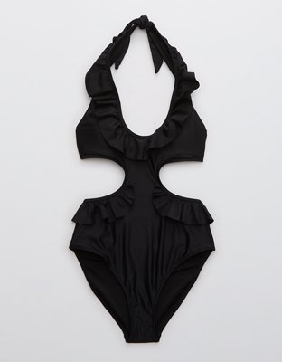 Black Ribbed Cutout One Piece Swimsuit