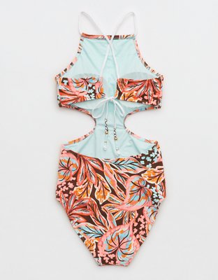 Aerie Buzzed Terry Halter Cut Out One Piece Swimsuit