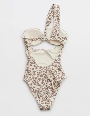 Aerie Leopard One Shoulder Bandeau One Piece Swimsuit
