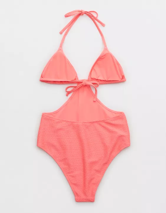 Aerie Jacquard Cut Out String One Piece Swimsuit
