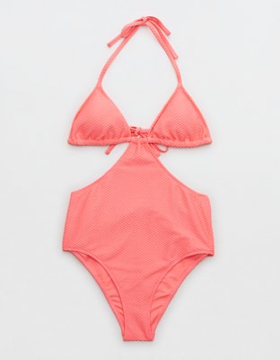 Aerie Jacquard Cut Out String One Piece Swimsuit