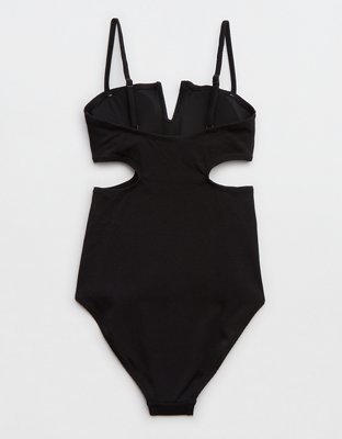 Aerie Shine Pique V Wire Cut Out One Piece Swimsuit