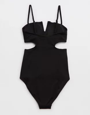 Aerie Shine Pique V Wire Cut Out One Piece Swimsuit