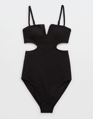Aerie Shine Pique V Wire Cut Out One Piece Swimsuit