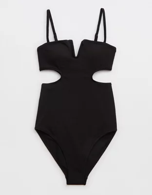 Aerie Shine Pique V Wire Cut Out One Piece Swimsuit