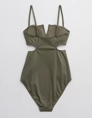 Aerie Shine Pique V Wire Cut Out One Piece Swimsuit