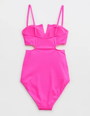 Aerie Shine Pique V Wire Cut Out One Piece Swimsuit