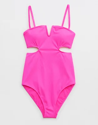 Aerie Shine Pique V Wire Cut Out One Piece Swimsuit