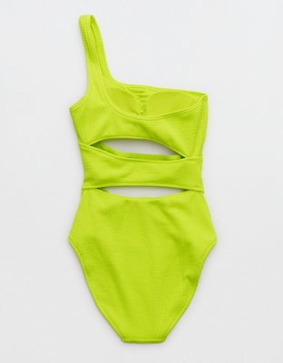 Aerie Crinkle Cut Out One Shoulder One Piece Swimsuit