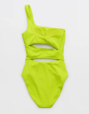 Aerie Crinkle Cut Out One Shoulder One Piece Swimsuit