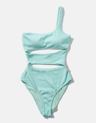 Aerie Crinkle Cut Out One Shoulder One Piece Swimsuit