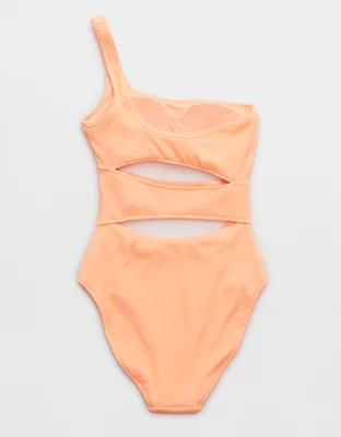 Aerie Crinkle Cut Out One Shoulder One Piece Swimsuit