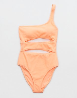 Aerie Crinkle Cut Out One Shoulder One Piece Swimsuit