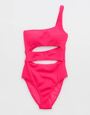 Aerie Crinkle Cut Out One Shoulder One Piece Swimsuit