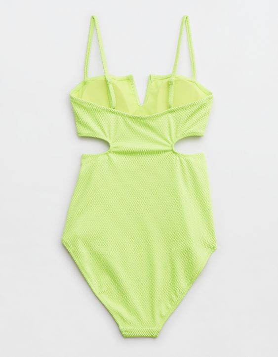 Aerie Shine Pique V Wire Cut Out One Piece Swimsuit