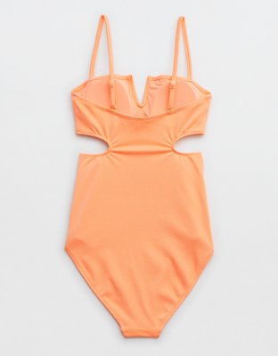 Aerie Shine Pique V Wire Cut Out One Piece Swimsuit
