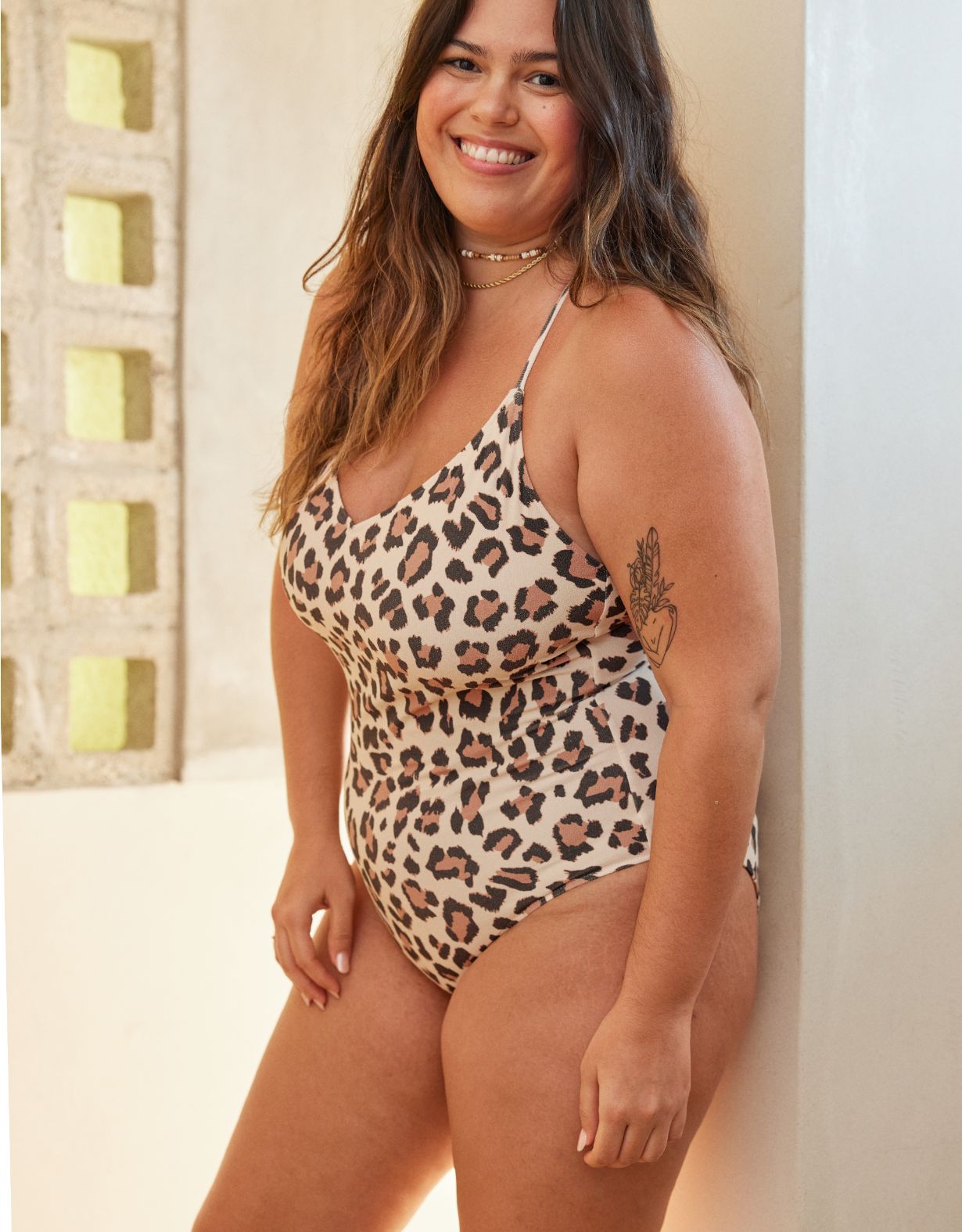 Aerie Buzzed Terry Leopard Strappy Back One Piece Swimsuit