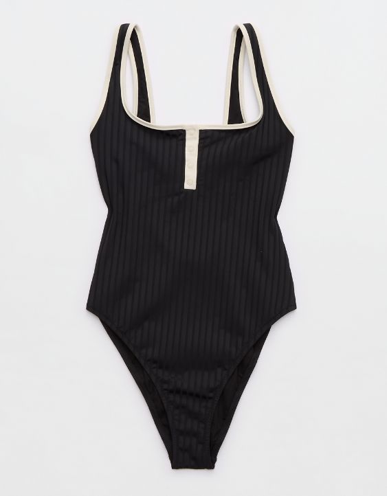 Aerie Wide Rib Henley Cheeky One Piece Swimsuit