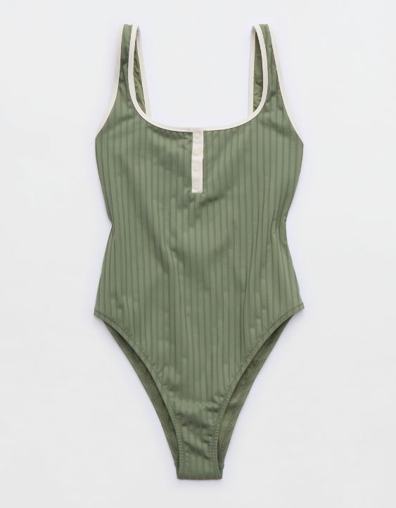 Aerie Wide Rib Henley Cheeky One Piece Swimsuit