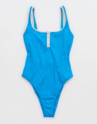 aerie, Swim, Aerie Ribbed Shine Side Scoop One Piece Swimsuit In Baja  Blue Size Large Nwt