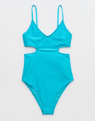 aerie, Swim, Aerie Ribbed Shine Side Scoop One Piece Swimsuit In Baja  Blue Size Large Nwt