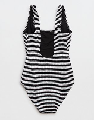 Aerie Crinkle Stripe Wide Strap Scoop One Piece Swimsuit