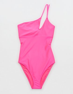 Aerie Shine Rib One Shoulder Full Coverage One Piece Swimsuit