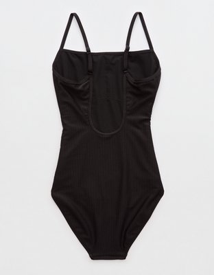 Maillot de bain une pièce à couverture complète échancré à côtes brillant Aerie