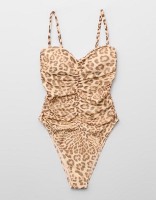 Aerie Ruched Bandeau Mesh One Piece Swimsuit