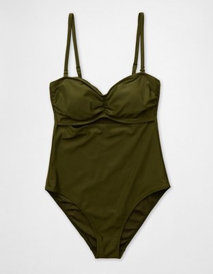 Aerie Ruched Cut Out Bandeau Full Coverage One Piece Swimsuit