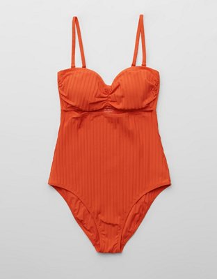 Aerie Ribbed Ruched Bandeau Cutout Cheeky One Piece Swimsuit | Aerie