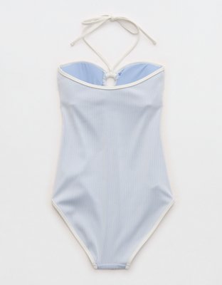 Aerie Ribbed Bandeau Halter One Piece Swimsuit