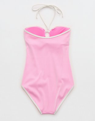 Aerie Ribbed Bandeau Halter One Piece Swimsuit