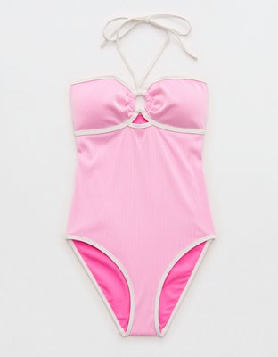 Aerie Ribbed Bandeau Halter One Piece Swimsuit