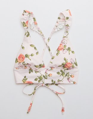 Aerie Printed Ruffle Tie Longline Triangle Bikini Top