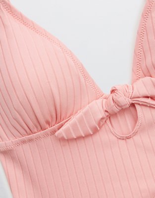 Aerie Ribbed Shine Longline Tie Front Triangle Bikini Top