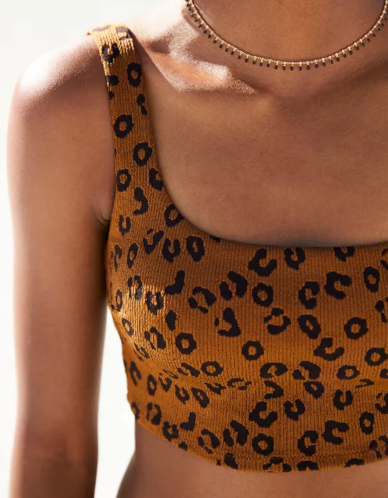 Aerie Leopard Textured Longline Scoop Bikini Top