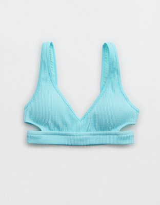 Aerie Top de bikini arrugado con calado y escote V bajo