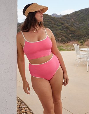 Aerie Top de Bikini de Línea Larga en Punto Elástico Ancho con Cuello Caído