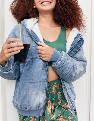 Aerie Sherpa Lined Denim Quilted Jacket