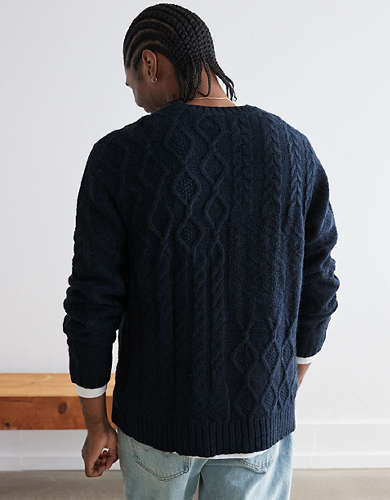 AE Super Soft Patchwork Cable Knit Crewneck Sweater