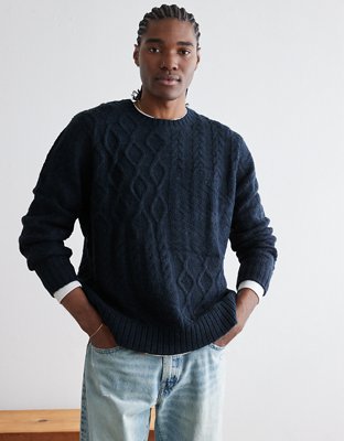 AE Super Soft Patchwork Cable Knit Crewneck Sweater